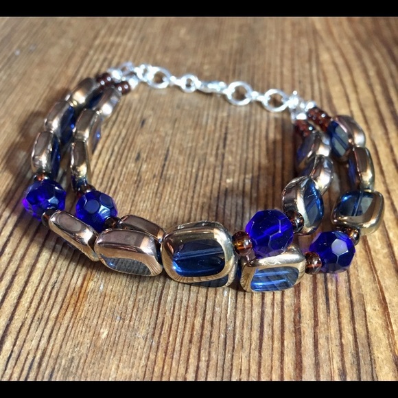 Ladies Double Strand Dark Blue Beaded Bracelet, Handmade Ladies Bracelet - Picture 3 of 6